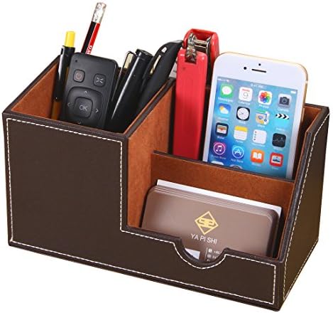 PU Leather Multi-function Desk Pen Pencil Holder Office Stationery Organizer Storage Box Business Cards/Mobile Phone/Remote Control Holder Desktop Accessories Organizer (Brown-small)
