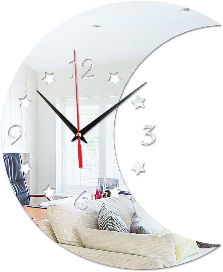 QULiang Mute DIY frameless wall clock, big moon star mirror wall clock living room bedroom mirror stickers