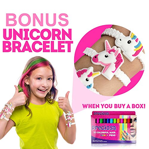 Hair Chalk Birthday Gifts for Girls + Bonus unicorn bracelet â€“Temporary Hair Chalk Color for Kids â€“ 12 Hair Chalk Pens Set â€“ Perfect Gift Idea for Girls from 3 to 12 Years Old