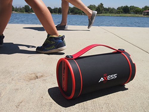 Axess SPBT1033 Portable Bluetooth Indoor/Outdoor 2.1 Hi-Fi Cylinder Loud Speaker with Built-In 4" Sub and FM Radio, SD Card, AUX Inputs in Red