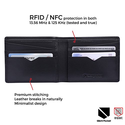 Silent Pocket Black Leather RFID Blocking Bi-Fold Wallet (Jet Black)