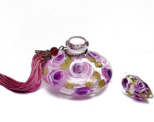 Small Glass Genie Refillable Empty Perfume Bottle with Stopper and Hand Painted Lavender Roses