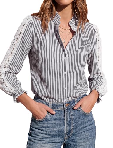 Blooming Jelly Women's Striped Button Down Shirt Lace Long Sleeve Blouse at Amazon