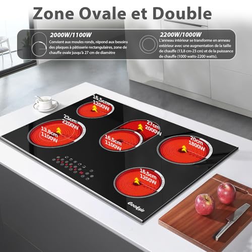 Cooksir Ceramic Hob 5 Burners with Frame, Built-in Electric Hob, 77 cm, Infrared Heat, 8400 Watt, Oval Zone for Grill, Ceramic Glass, Timer, 230V, 50Hz Built-in