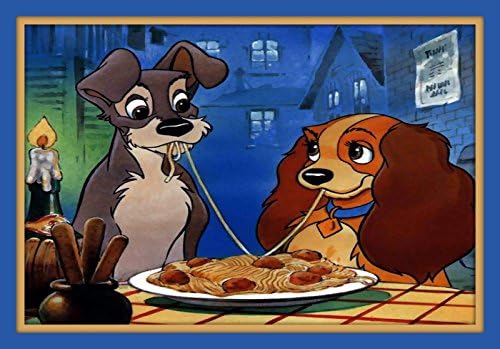 Fine Art Walt Disney Famous Lady and the Tramp in Love Spaghetti Dinner Prior to a Kiss 11x14 Double Matted Romantic Fine Art Print 8x12 Premium Giclee Print Walt Disney Collection