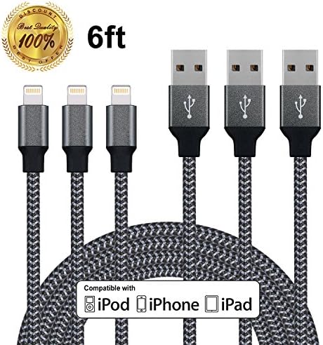 Winage Lightning Cable,3Pack 6FT Nylon Braided USB Cord Charging Cable Compatible with iPhone 7/7 Plus,6/6S/6 Plus/6S Plus,5/5S/5C/SE, iPad, iPod Nano 7,iPod Touch( Carbon black)