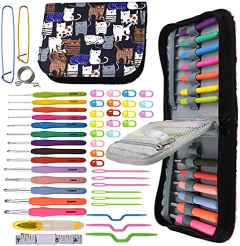 VETUZA Crochet Hooks Kit with Case Ergonomic Crochet Hooks Set w Rubbery Handles Hook 0.6-6MM, Comfort Grip for Arthritic Hands - Set of 47 (Black cat)