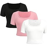SOLY HUX Girl's Crop Tops Cute Clothes 3 Pack Square Neck Short Sleeve T Shirts Basic Slim Fitted Tees