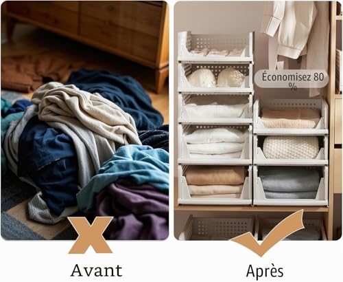 RMAN 8 x Foldable Stackable Plastic Storage Box for Clothes, Trousers, Bedrooms, Dressing – White
