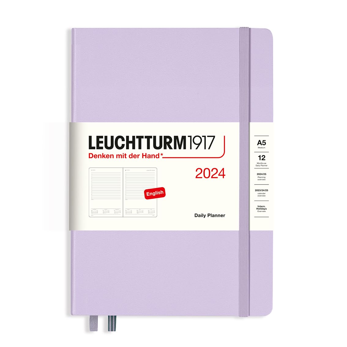 LEUCHTTURM1917 367876 Medium (A5) Daily Calendar 2024, Lilac, English, 12 Months