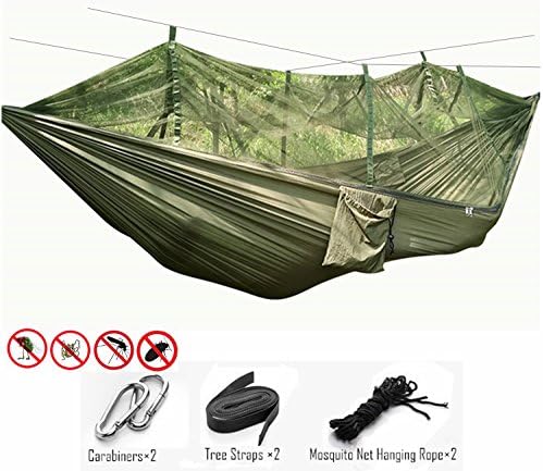 TOMTU 440lbs Portable Lightweight Parachute Nylon Double Camping Hammock with Mosquito Bugs Net and Tree Straps &amp; Hooks Great for Outdoor Yard Backpacking Travel Hiking Beach Relaxing Army Green