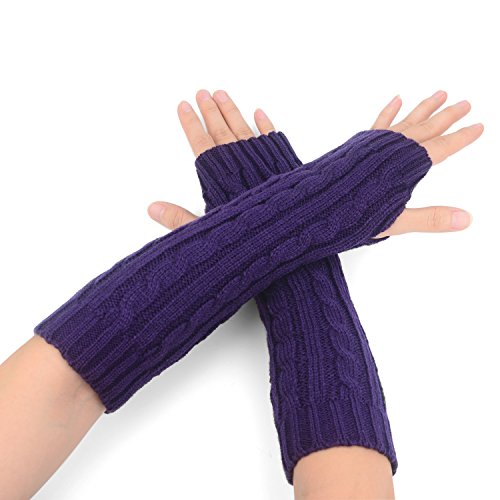 Flammi Women's Cable Knit Arm Warmer Fingerless Gloves Thumb Hole Gloves Mittens (Purple) - Thumbnail 4