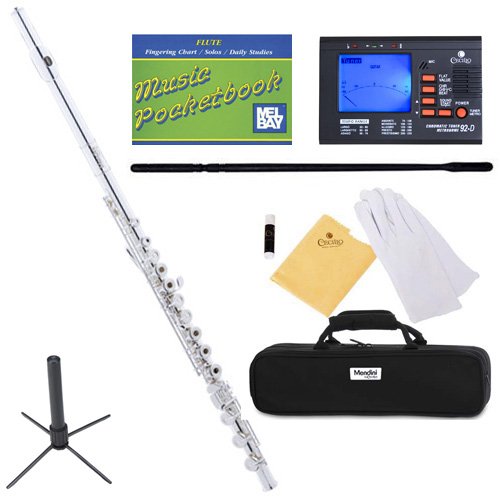 Mendini MFE-22S+SD+PB+92D Intermediate Open/Closed-Hole Silver Plated C Flute with Case, Tuner, Stand, and More