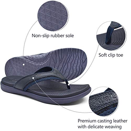 KuaiLu Mens Leather Sport Flip Flops Comfort Orthotic Thong Sandals