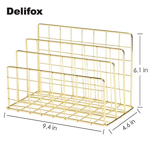 Delifox Mail Sorter - Letter Organizer Metal Desktop File Rack Postcard Holder for Home and Office, Gold