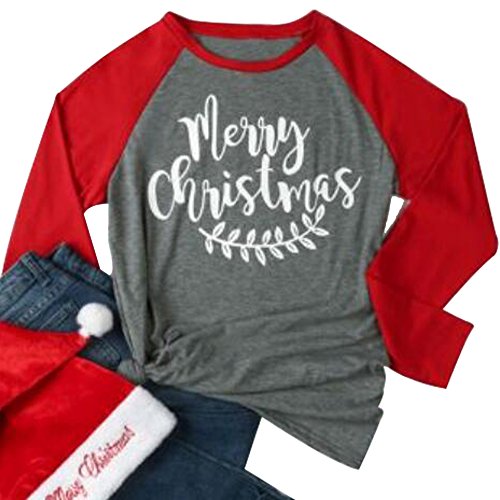 EGELEXY Women Merry Christmas Letter Leaf Print 3/4 Sleeve Holiday Baseball T-Shirt size M (Gray)