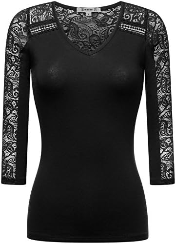 THENEWNEW Womens 3/4 Sleeve Top With Lace Detail BLACK MEDIUM
