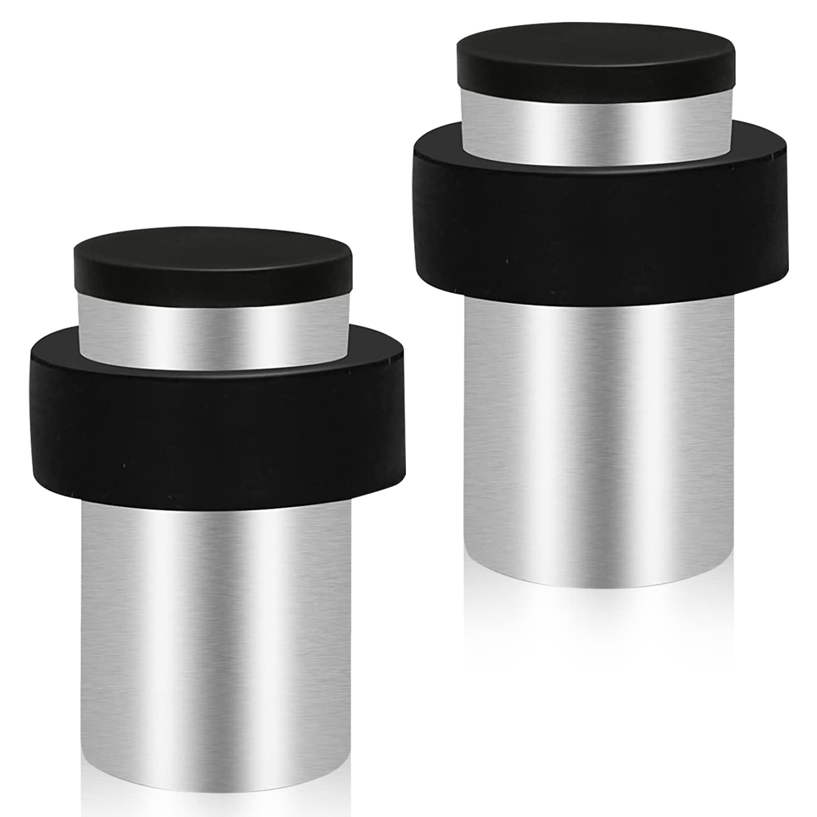 KOLAKO Door Stopper, Floor Wall Mounted Door Stop with Rubber Bumper, Heavy Duty Stainless Steel Modern Solid Cylindrical Floor Doorstops for Skirtings, Chrome Silver