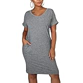 cailami Women's Summer V Neck Short Sleeve Midi Tshirt Dresses Casual Tunic Dress with Pockets
