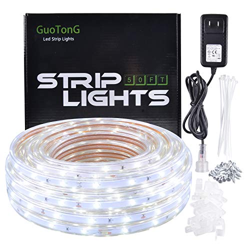 GuoTonG 12V LED Strip Rope Lights, Daylight White 50ft/15m, Flexible, Unconnectable, Waterproof, SMD 2835 Lamp, Home, Kitchen, Party, Christmas