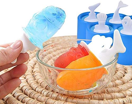 Fish Pop Molds, Easily Removable Ice Cream Tray Holder, 6 Different Easy-release BPA-Free Silicone Popsicle Molds in One Tray for Baby, Kids, Family, Adults