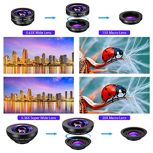 Phone Camera Lens,10 in 1 Cell Phone Lens Kit 0.63 Wide Angle Lens+0.36 Wide Angle Lens+198Â°Fisheye Lens+20X Macro Lens+15X Macro Lens+Star Filter+CPL+Kaleidoscope Lens+Telephoto Lens+Flow Filter