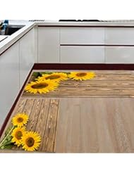Kitchen Rugs Sets 2 Piece Floor Mats 3 Sunflower on The Wooden Table Doormat Non-Slip Rubber Backing Area Rugs Washable Carpet Inside Door Mat Pad Sets (15.7