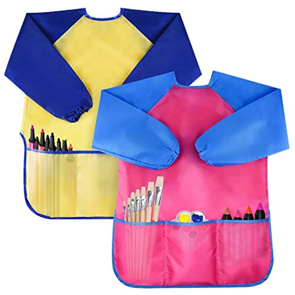 Amaza 2Pcs Kids Painting Aprons with Sleeves and 3 Pockets for Age 2-8 Years, Waterproof Children's Painting Smocks, Toddler Painting Apron, Kids Painting Smock, Kids Aprons for Painting(Yellow& Pink)