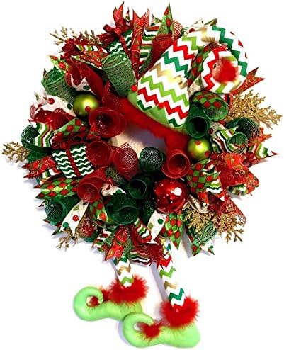CHRISTMAS Elf Ornament Wreath with Chevron Elf Hat and Elf Legs - Ready to Ship