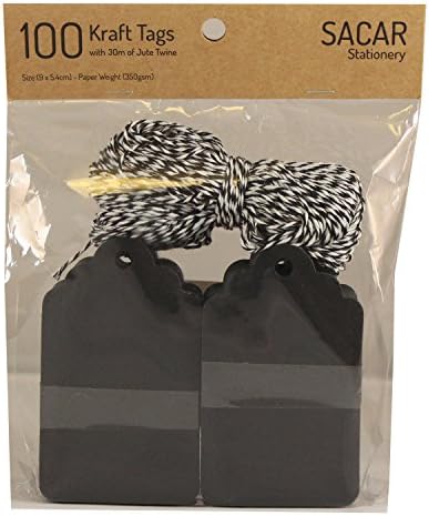 SACAR STATIONERY 100 PCS Premium Kraft Tags with Twine For Use As Gift Tags, Wedding Favor Tags, Product Labels &amp; for Scrapbooking, Various Arts &amp; Crafts and Homemade Projects (Black)