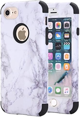 iPhone 7 Case, iPhone 8 Case, KAMII White Marble Stone Pattern Shockproof 2in1 Dual Layer TPU Bumper Hard PC Hybrid Defender Armor Protective Case Cover for Apple iPhone 7 / iPhone 8 Black