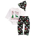 Baby My First Christmas Bodysuit and Deer Print Pants Outfit with Hat
