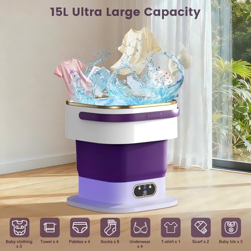 Mini Washing Machine, 15L 2 in 1 Portable Washing Machine with Spin and 3 Cleaning Modes for Small Clothes, Folding Camping Washing Machine for Travel, Apartments (Purple)