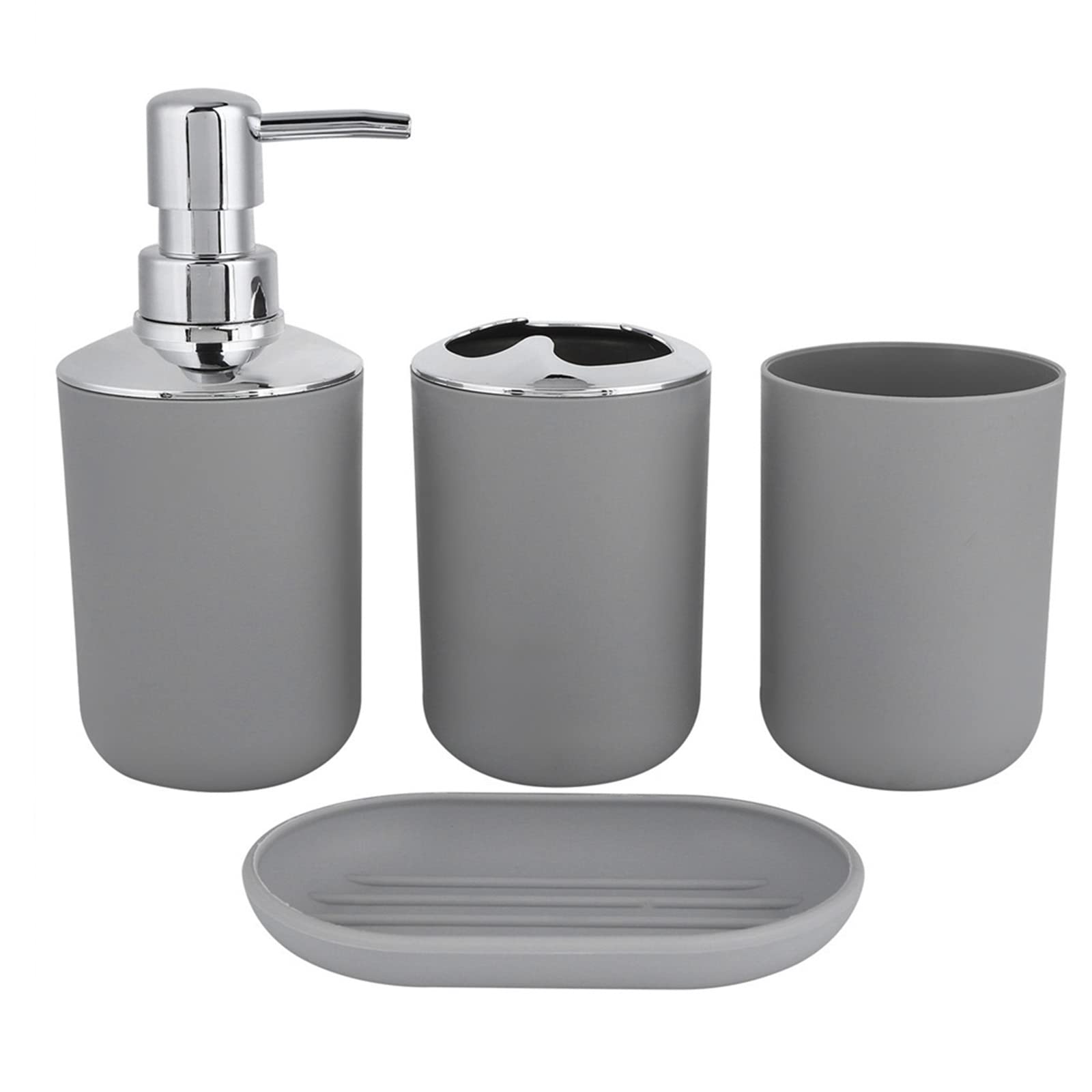 Hosoncovy 4 Pieces Bathroom Accessory Set with Soap Dispenser, Bathroom Cup, Soap Dish ，Toothbrush and Toothpaste Holder (Grey)