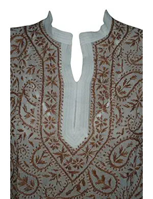 Women Long Tunic Dress Ivory Embroidered Sheer Coverup Caftan S/M