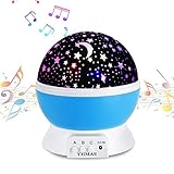 Music Night Light Lullaby,YHZO Rechargeable Stars Moon projector Lamp, 4 LED Bulbs 9 Light Color Changing(3.2FT USB Cord) ,360 Rotation,12 songs ,Gift for Babies Children,Nurseryï¼ˆBlueï¼‰