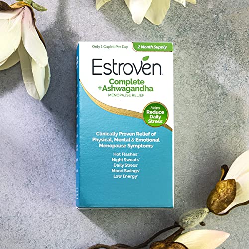 ESTROVEN COMPLETE + ASHWAGANDHA MULTI-SYMPTOM MENOPAUSE SUPPLEMENT FOR WOMEN – 60 CT. – CLINICALLY PROVEN INGREDIENTS PROVIDE MENOPAUSE RELIEF & NIGHT SWEATS + HOT FLASH RELIEF* – DRUG-FREE & NON-GMO