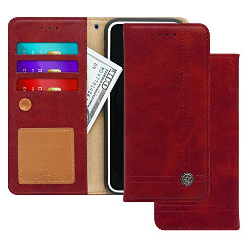 Apple iPhone 7, iPhone 8 Case [Free 9 Gifts] Trim LINE Flip Diary Cover with Slim Wallet Design [Octopus Ver.] – Card Holder, Cash Slots, Kickstand, Hand Strap & Message Pad (Burgundy Red)