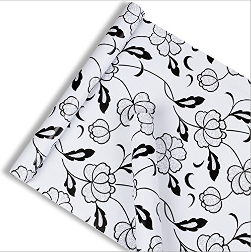 Teemall Black and White Flowers Wallpaper Vine Shelf Liner Self-Adhesive Waterproof Shelf Drawer Liner Cabinet Sticker 17.7 inch by 9.8 Feet