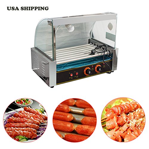 Funwill Hotdog Roller Machine, Commercial 18 Hot Dog Hotdog 7 Roller Grill Cooker Machine with Cover 1050W, Hot Dog Roller Grill Stainless Steel Non Stick Commercial Grade Cooker Machine