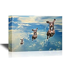 Funny Flying Animals Canvas Wall Art - Three Dogs Flying in a Line in The Clear Sky - Gallery Wrap Nursery Wall Decoration/Kids