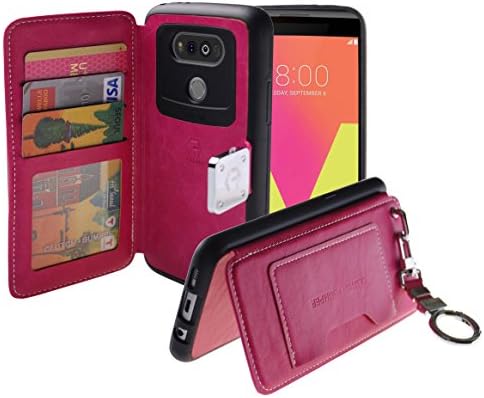 [Back Pocket Case] [5 Card Slot] Finger Holder Clip PU Leather TPU Bumper Clutch Case [Drop Protection] For LG V20 (Hot Pink)
