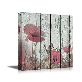 Canvas Prints Wall Art - Poppy Flower on Vintage Wood Board Stretched Canvas Wrap Ready to Hang - 12" x 12"