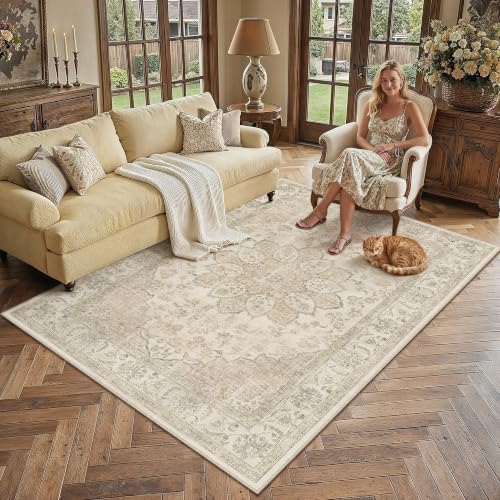 PureCozy Vintage Carpet Living Room 16 x 230 cm Beige Room Rugs Washable Non-Slip Large Carpet Bedroom Bedside Living Room Dining Carpet Short Pile Rug