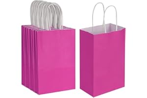Oikss 50 Pack 5.25x3.25x8.25 inch Small Paper Bags with Handles Bulk, Pink Kraft Bags Birthday Wedding Party Favors Grocery Retail Shopping Business Goody Craft Gift Cub Sacks (Fuchsia 50PCS Count)