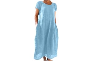 ADHOWBEW Summer Dresses for Women,Casual Cotton Linen Dress Soft Short Sleeve Crew Neck Loose Kaftan Long Dress with Pockets