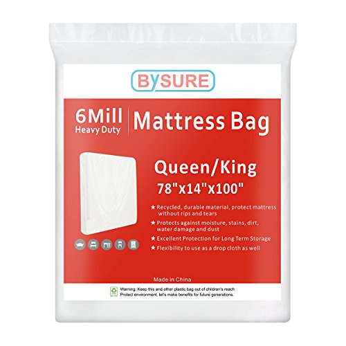 BYSURE 6 Mil Super Thick Mattress Bags for Moving & Long Term Storage, 3D Envelope Shape Fits Queen/King Size