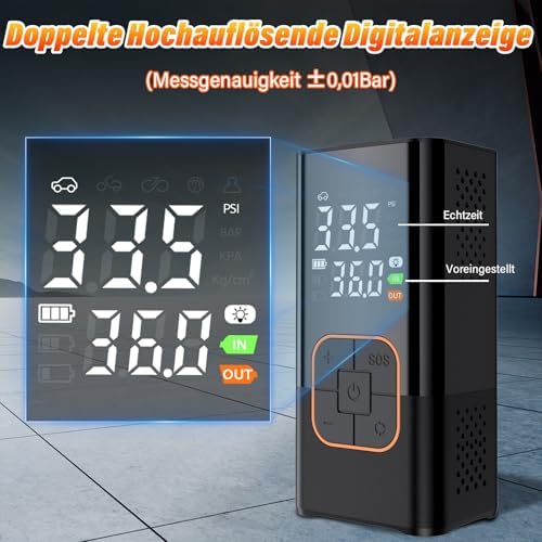 Tragbarer Reifenfüller – Kabellose Digitale Luftpumpe, Voreingestelltem Reifendruck, Auto-Stopp und LED Licht für Auto Motorrad Fahrrad Ball Reisen & Notfälle