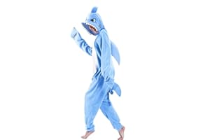 dressfan Cartoon Unisex Animal Shark Costume Onesie Pajamas Halloween Cosplay Adult Kids Teen Women Men