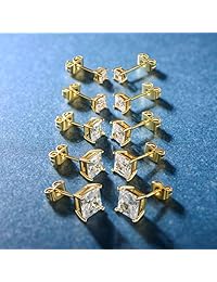 MDFUN 18K Yellow Gold Plated Princess Cut Clear Cubic Zirconia Stud Earring Pack of 5 Pairs